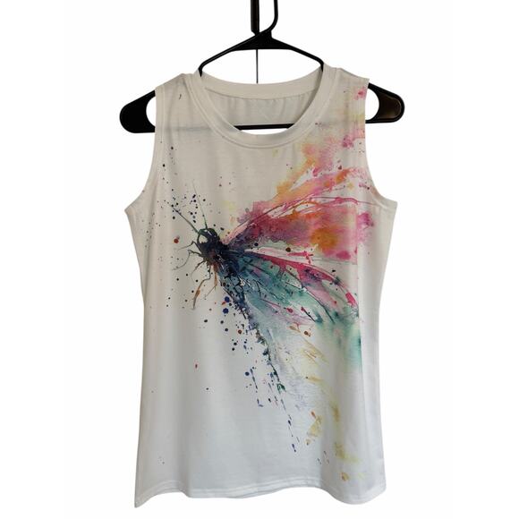 Women's Small White Mulitcolor Dragonfly Print Sleeveless Round Neck Loose Tank - Picture 8 of 14